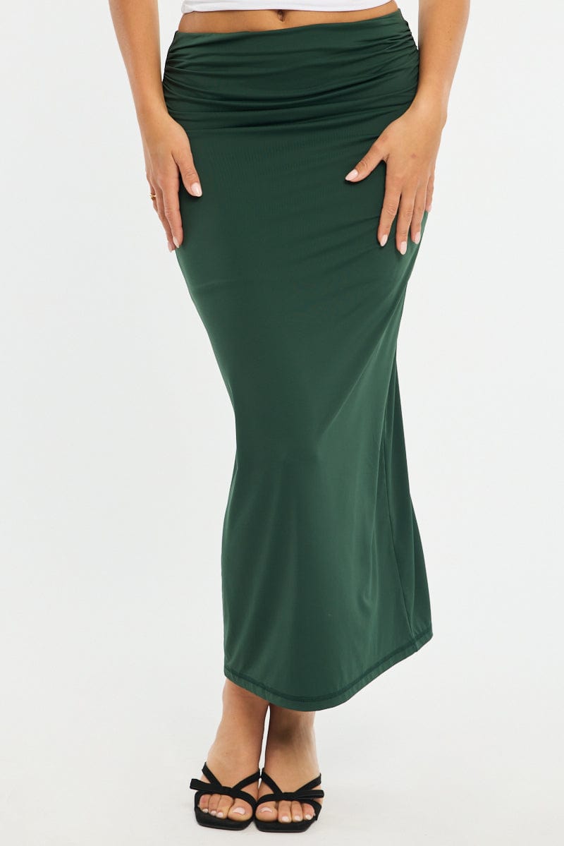 Green Ruched Maxi Skirt Elastic Waist for Ally Fashion
