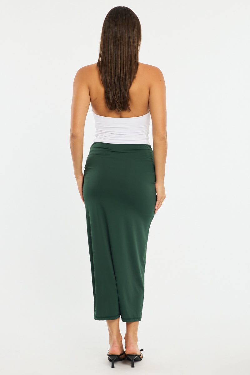 Green Ruched Maxi Skirt Elastic Waist for Ally Fashion
