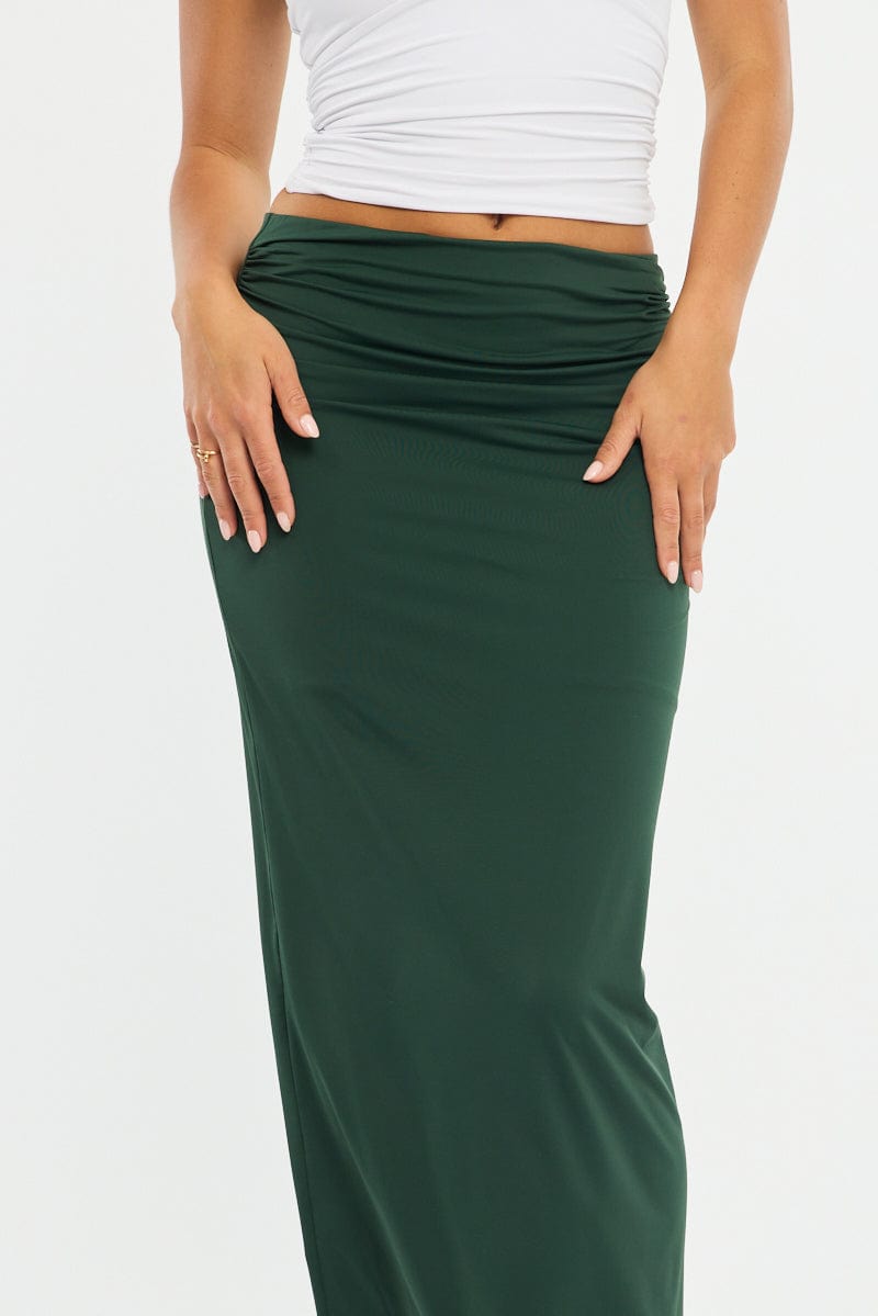 Green Ruched Maxi Skirt Elastic Waist for Ally Fashion