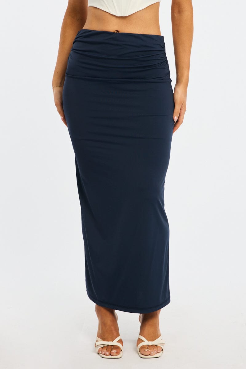 Blue Ruched Maxi Skirt Elastic Waist for Ally Fashion