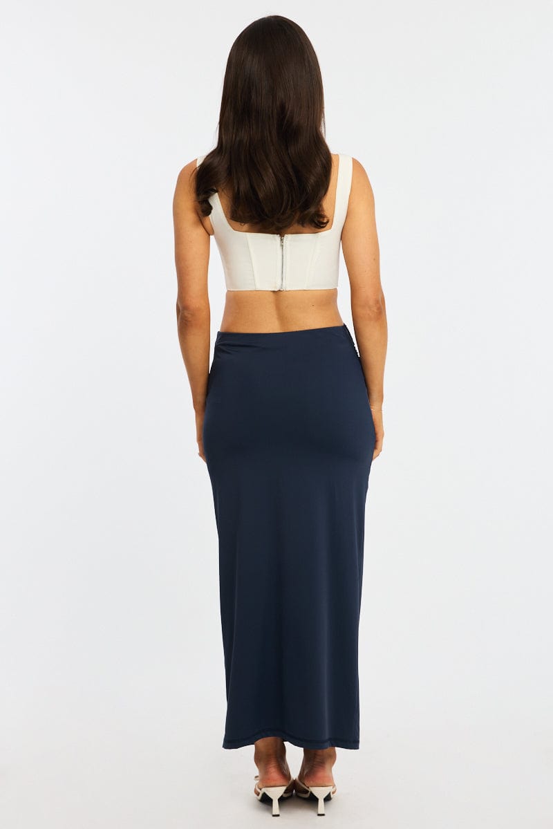 Blue Ruched Maxi Skirt Elastic Waist for Ally Fashion