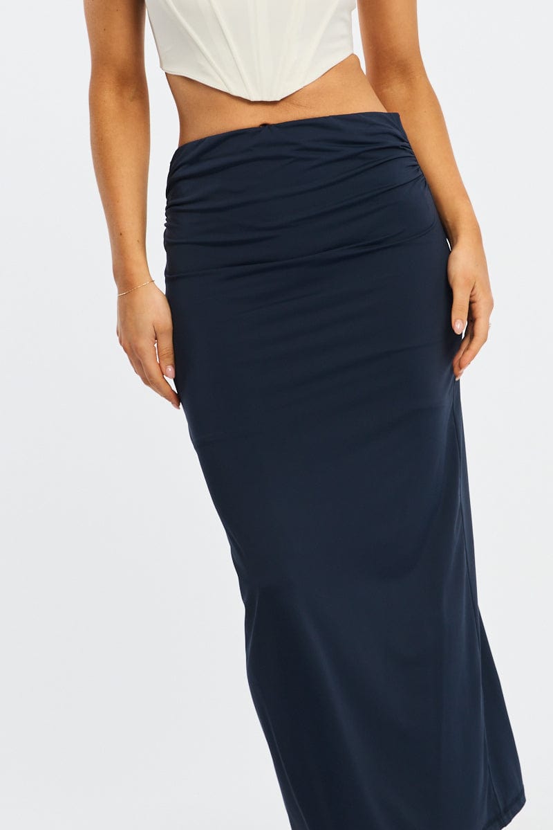 Blue Ruched Maxi Skirt Elastic Waist for Ally Fashion