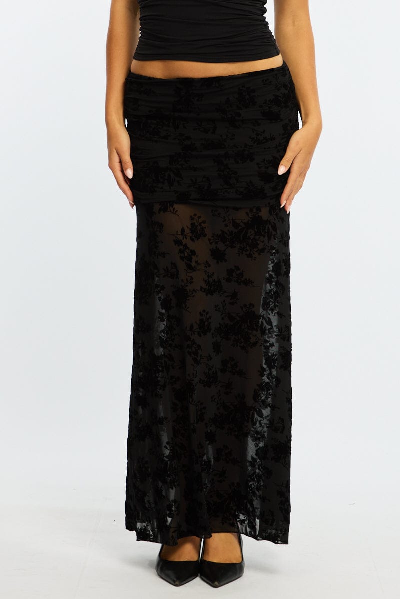 Black Maxi Skirt High Waisted Fit & Flare Burnout for Ally Fashion