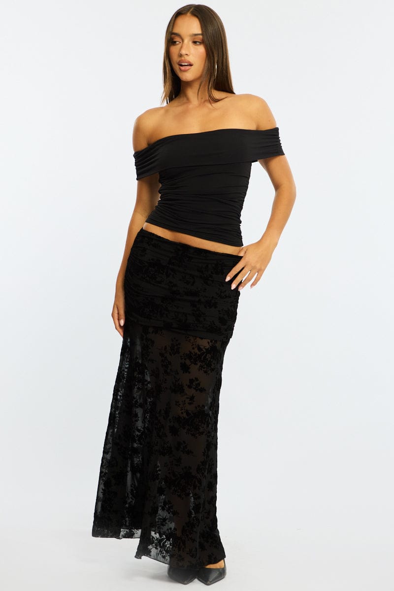 Black Maxi Skirt High Waisted Fit & Flare Burnout for Ally Fashion