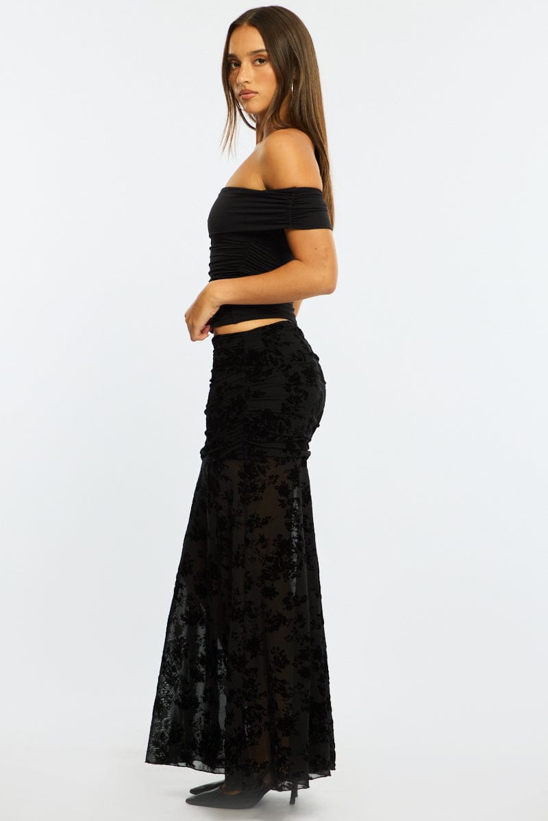 Black Maxi Skirt High Waisted Fit & Flare Burnout for Ally Fashion