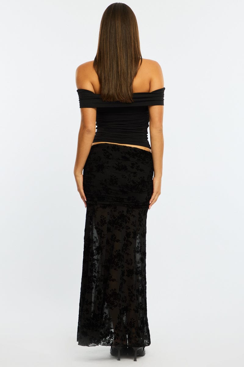 Black Maxi Skirt High Waisted Fit & Flare Burnout for Ally Fashion