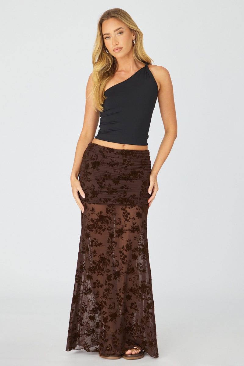 Brown Maxi Skirt High Waisted Fit & Flare Burnout for Ally Fashion