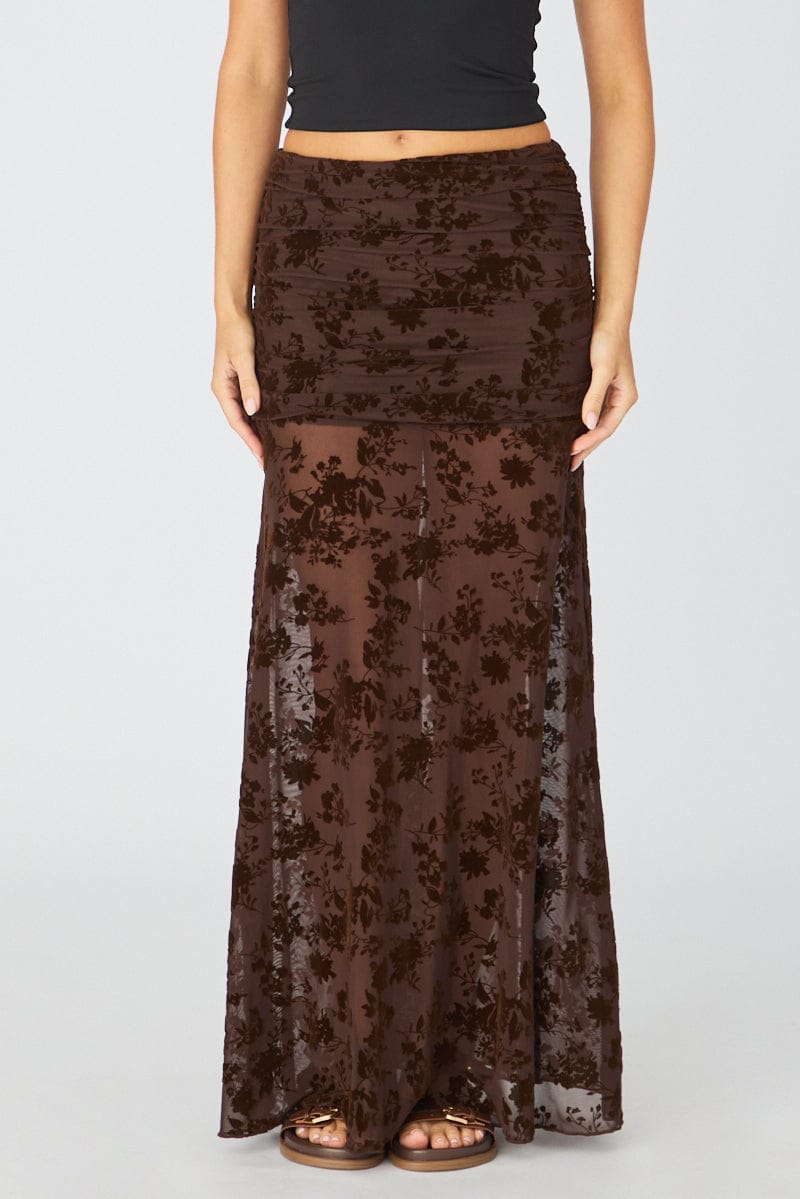 Brown Maxi Skirt High Waisted Fit & Flare Burnout for Ally Fashion