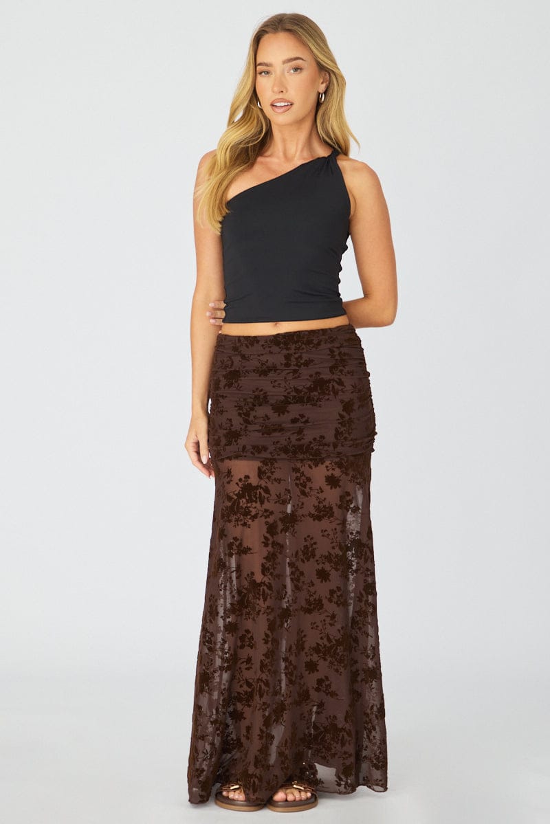 Brown Maxi Skirt High Waisted Fit & Flare Burnout for Ally Fashion