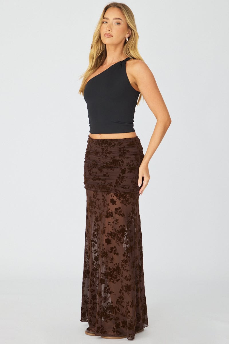Brown Maxi Skirt High Waisted Fit & Flare Burnout for Ally Fashion