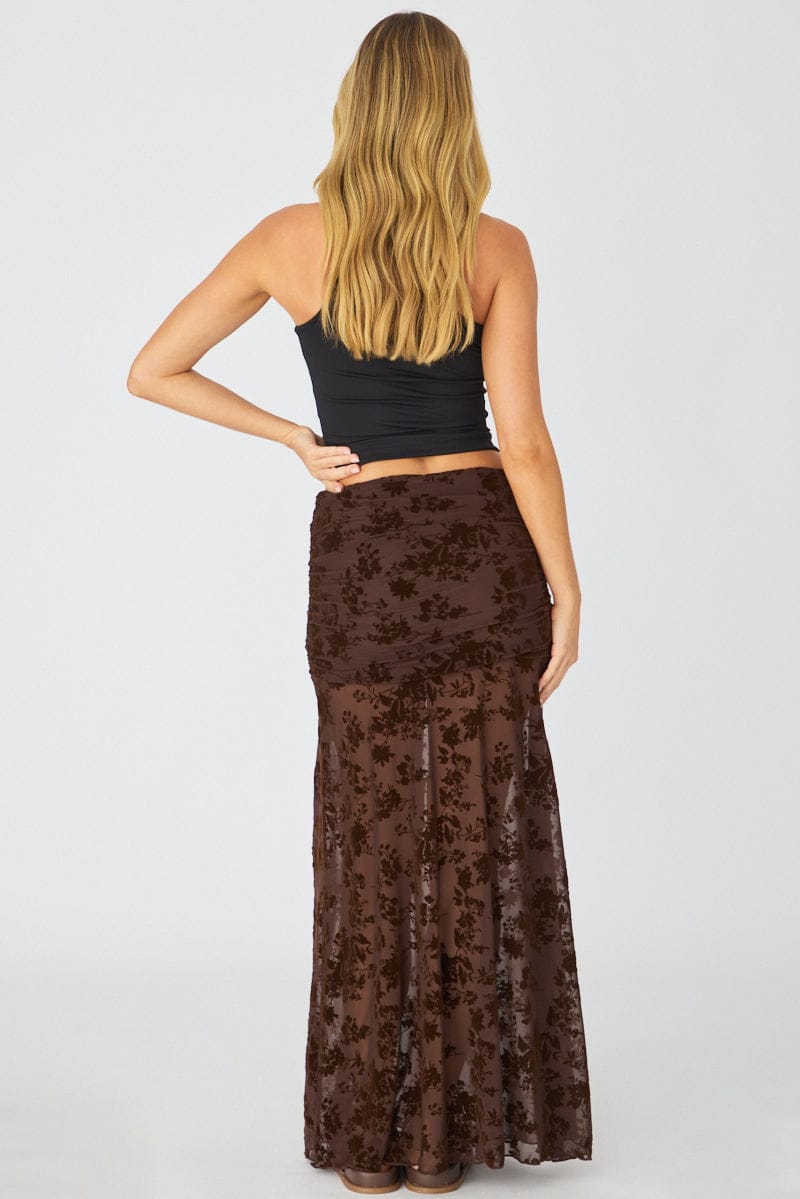 Brown Maxi Skirt High Waisted Fit & Flare Burnout for Ally Fashion