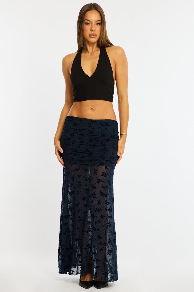 Blue Maxi Skirt High Waisted Fit & Flare Burnout for Ally Fashion