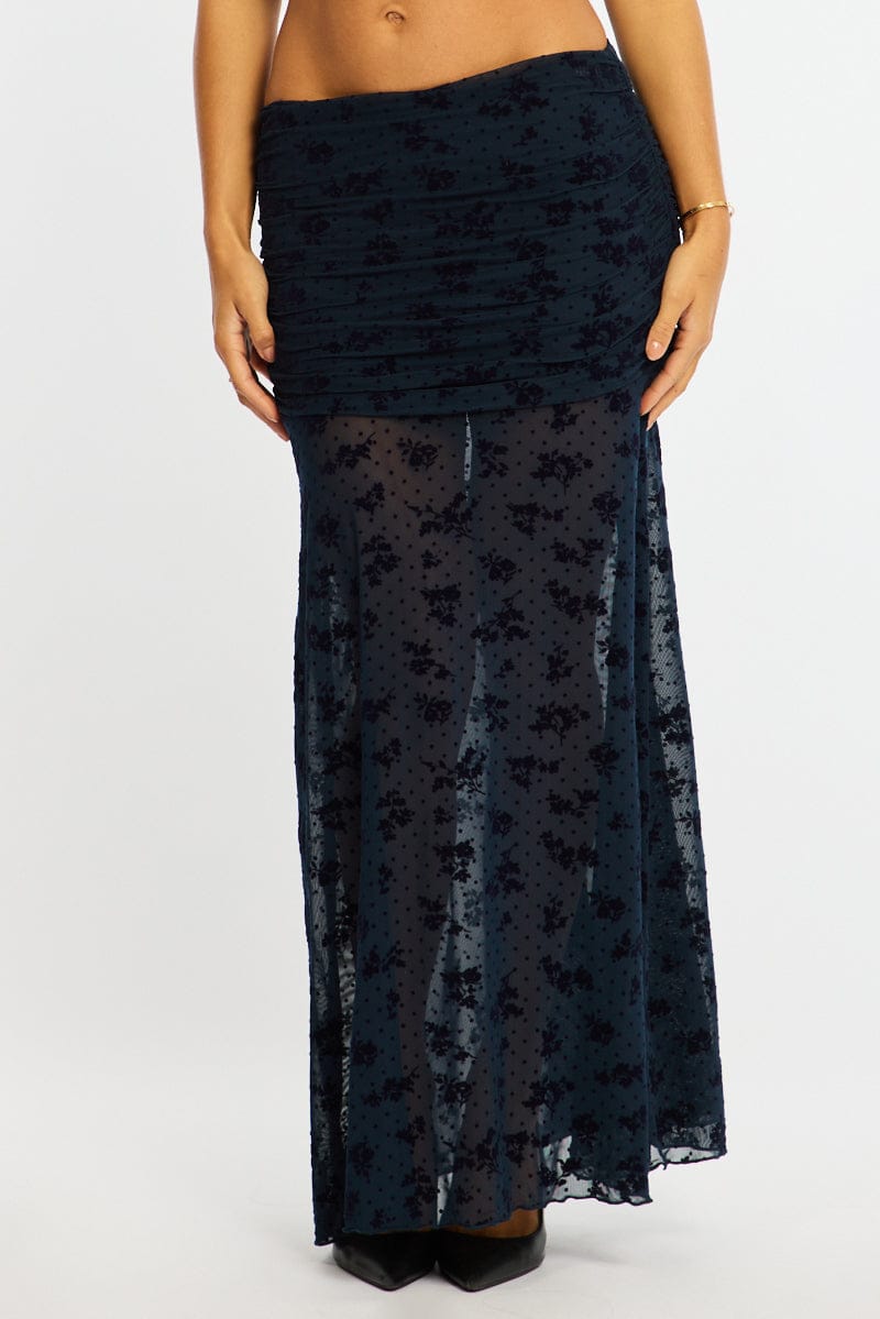 Blue Maxi Skirt High Waisted Fit & Flare Burnout for Ally Fashion