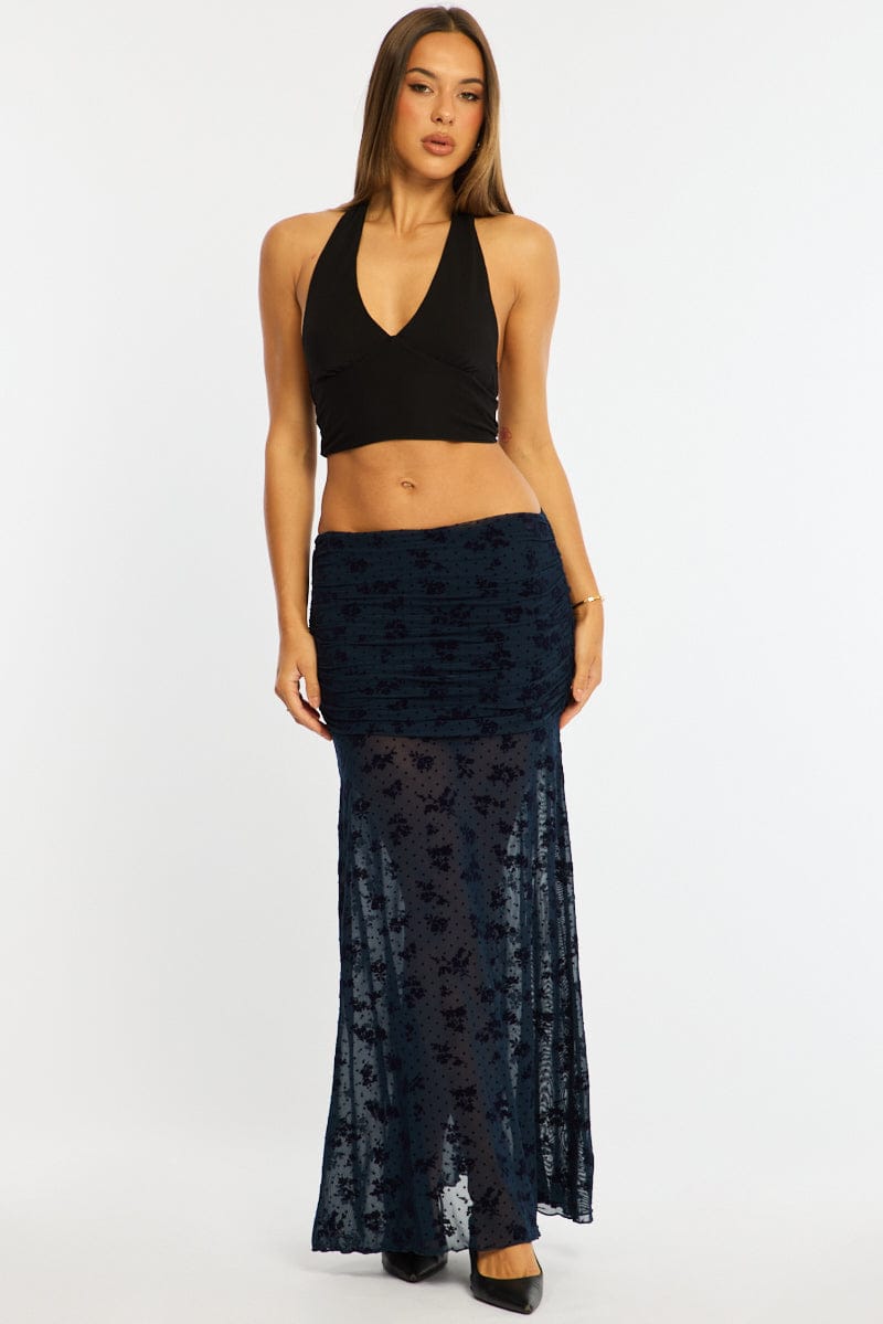 Blue Maxi Skirt High Waisted Fit & Flare Burnout for Ally Fashion