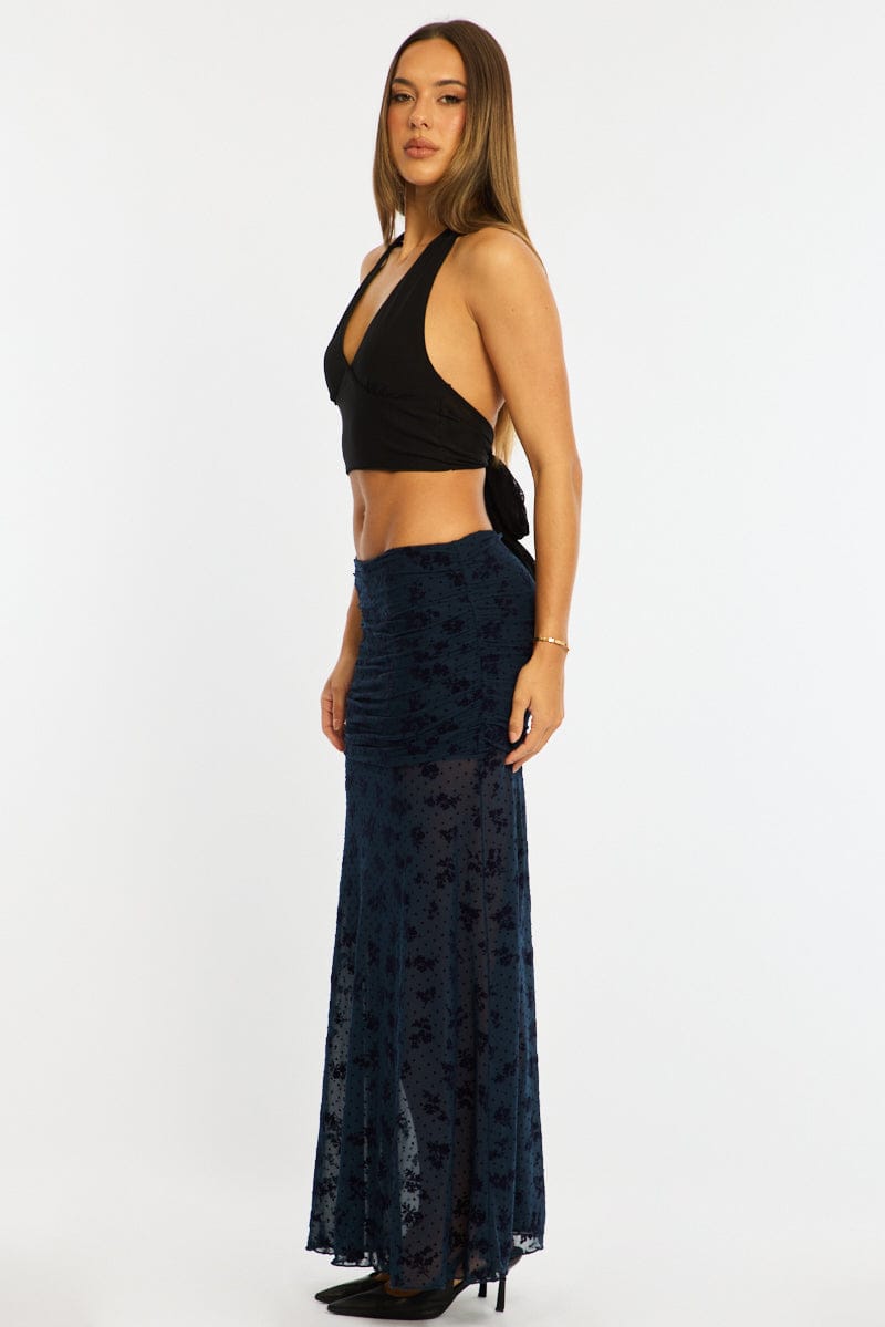 Blue Maxi Skirt High Waisted Fit & Flare Burnout for Ally Fashion