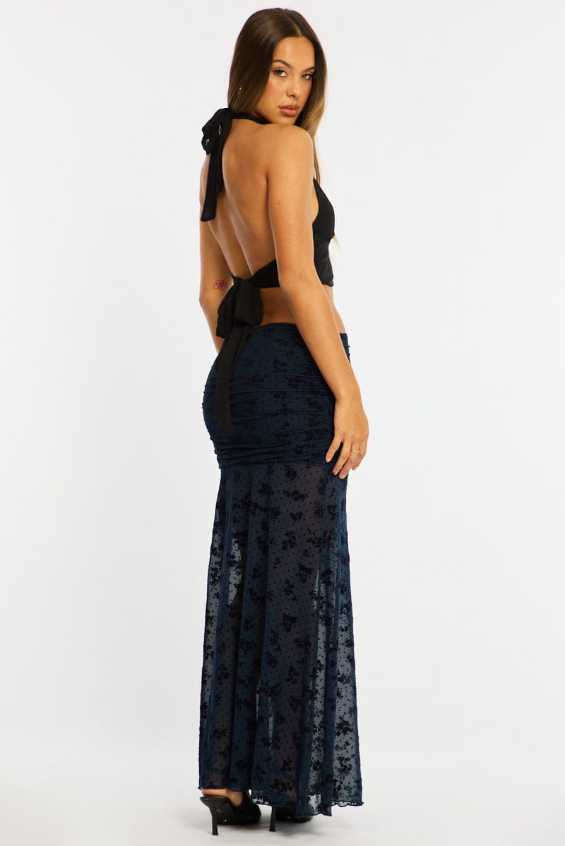 Blue Maxi Skirt High Waisted Fit & Flare Burnout for Ally Fashion