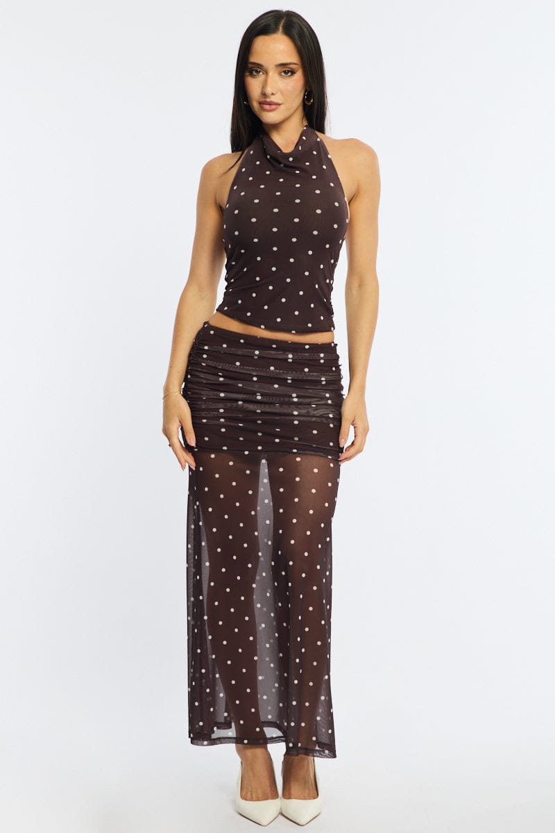 Brown Polka Dot Maxi Skirt Elastic Waist Gathered Fit & Flare Mesh for Ally Fashion