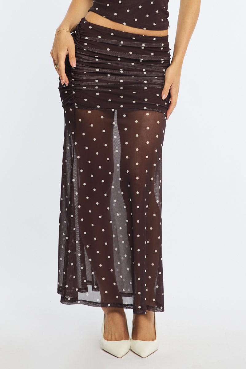 Brown Polka Dot Maxi Skirt Elastic Waist Gathered Fit & Flare Mesh for Ally Fashion