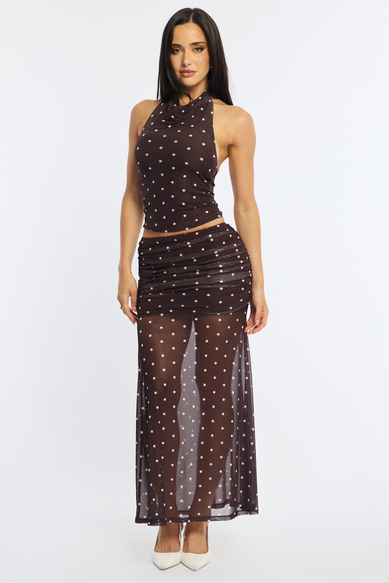 Brown Polka Dot Maxi Skirt Elastic Waist Gathered Fit & Flare Mesh for Ally Fashion