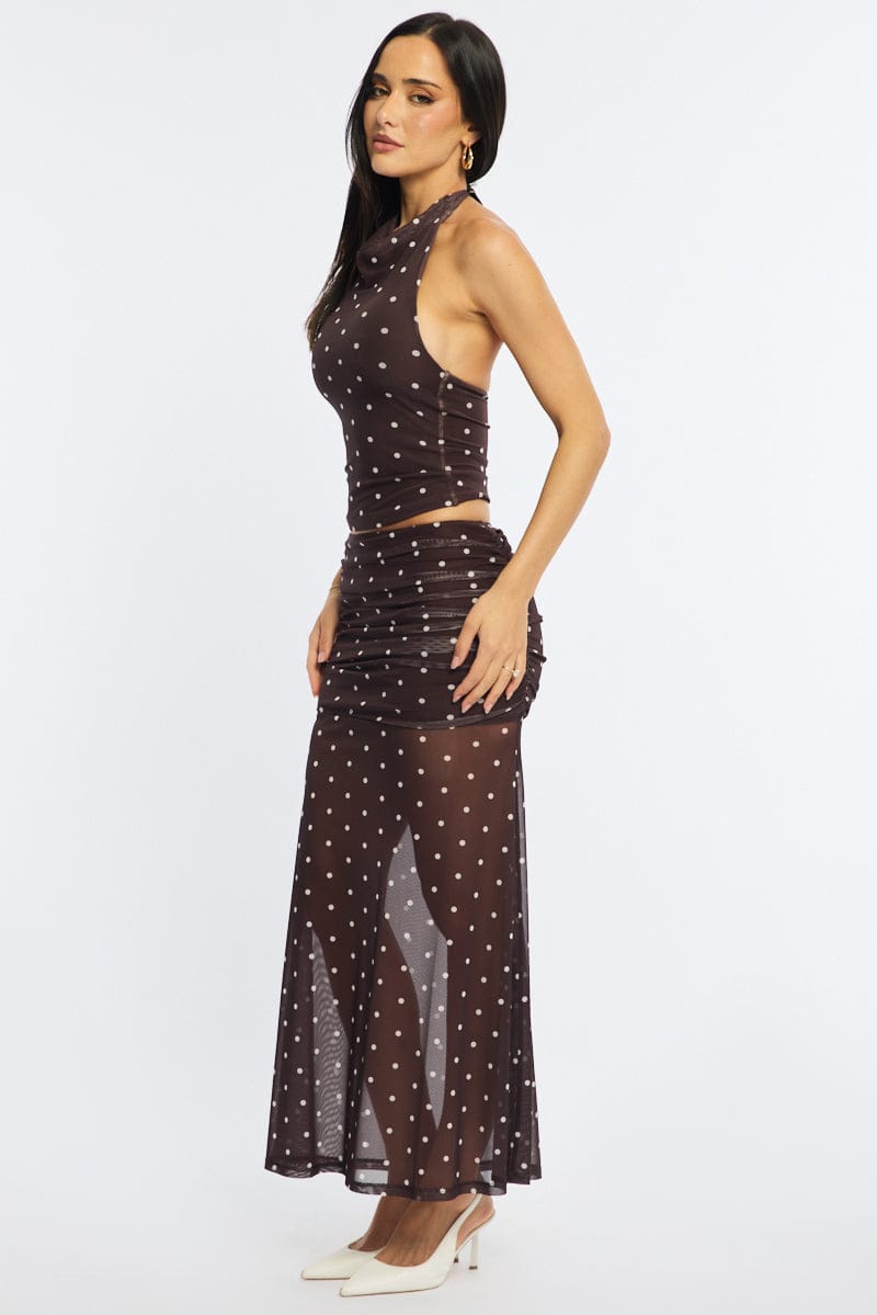 Brown Polka Dot Maxi Skirt Elastic Waist Gathered Fit & Flare Mesh for Ally Fashion