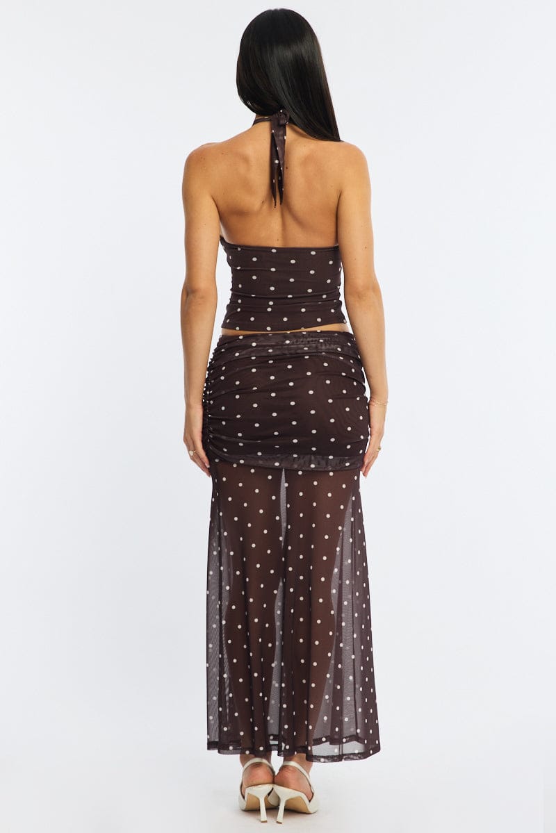 Brown Polka Dot Maxi Skirt Elastic Waist Gathered Fit & Flare Mesh for Ally Fashion