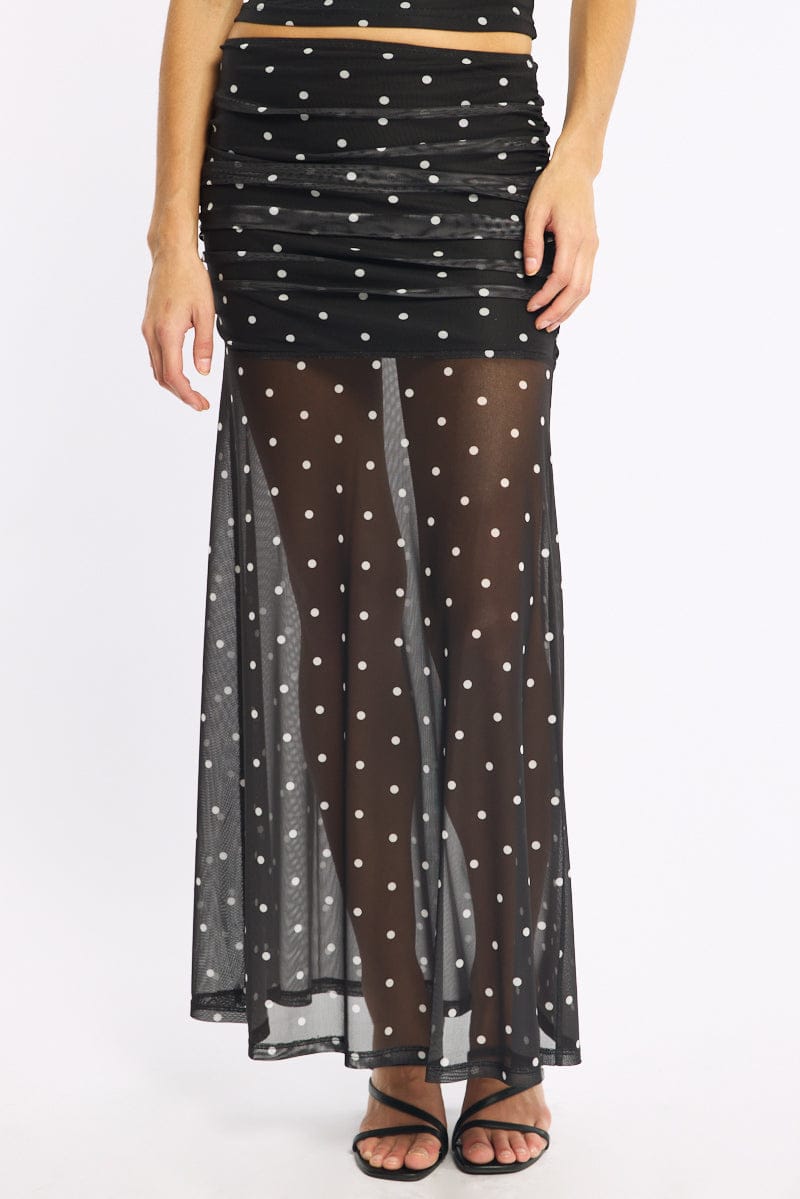 Black Polka Dot Maxi Skirt Elastic Waist Gathered Fit & Flare Mesh for Ally Fashion