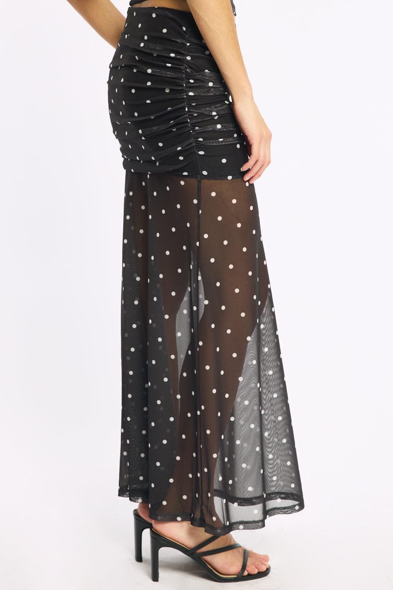 Black Polka Dot Maxi Skirt Elastic Waist Gathered Fit & Flare Mesh
