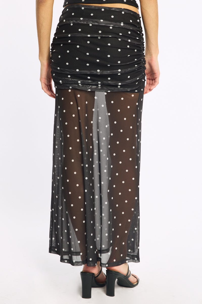 Black Polka Dot Maxi Skirt Elastic Waist Gathered Fit & Flare Mesh for Ally Fashion