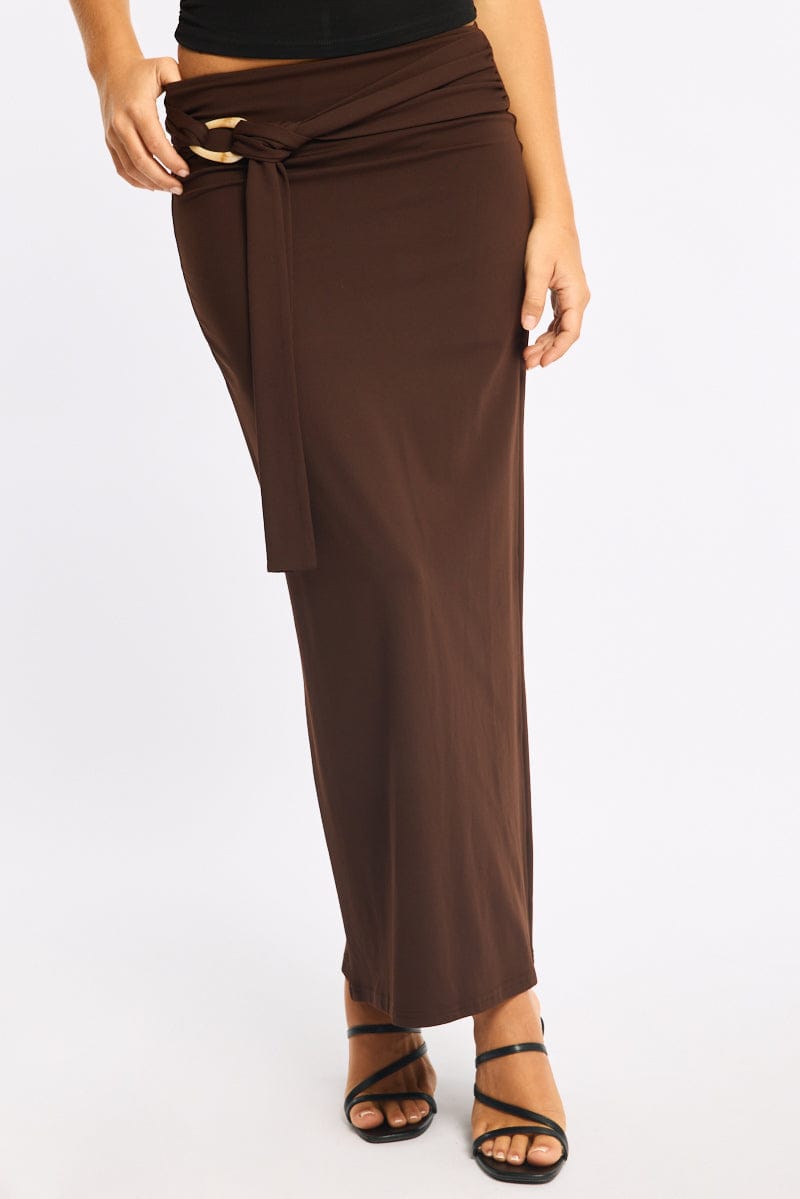 Brown Hardware Maxi Skirt Mid Rise Side Split Lined for Ally Fashion