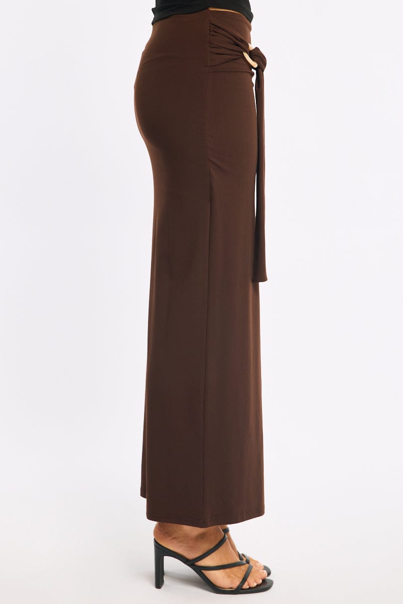 Brown Hardware Maxi Skirt Mid Rise Side Split Lined for Ally Fashion
