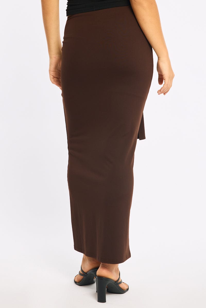 Brown Hardware Maxi Skirt Mid Rise Side Split Lined for Ally Fashion