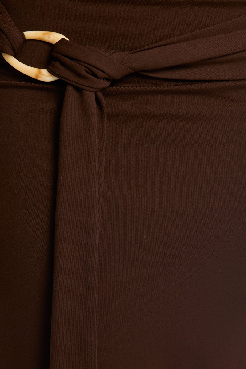 Brown Hardware Maxi Skirt Mid Rise Side Split Lined for Ally Fashion