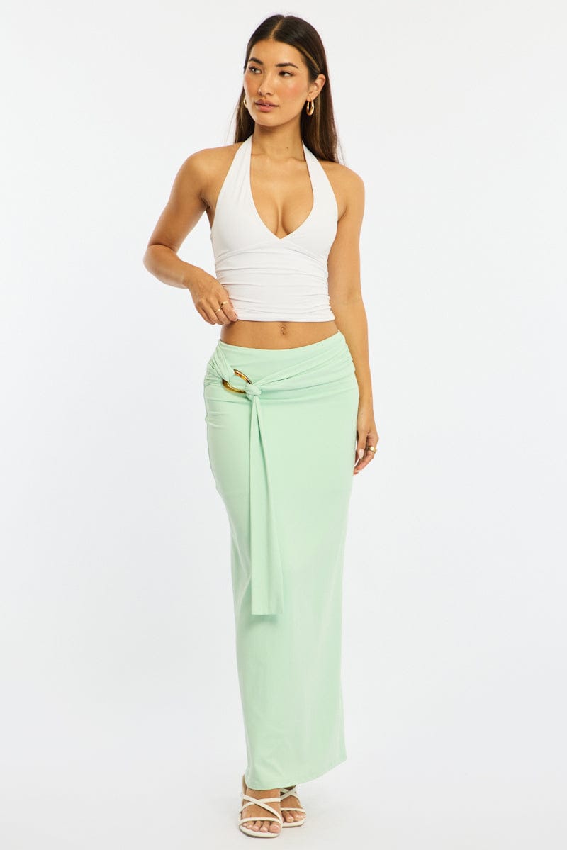 Green Hardware Maxi Skirt Mid Rise Side Split Lined for Ally Fashion