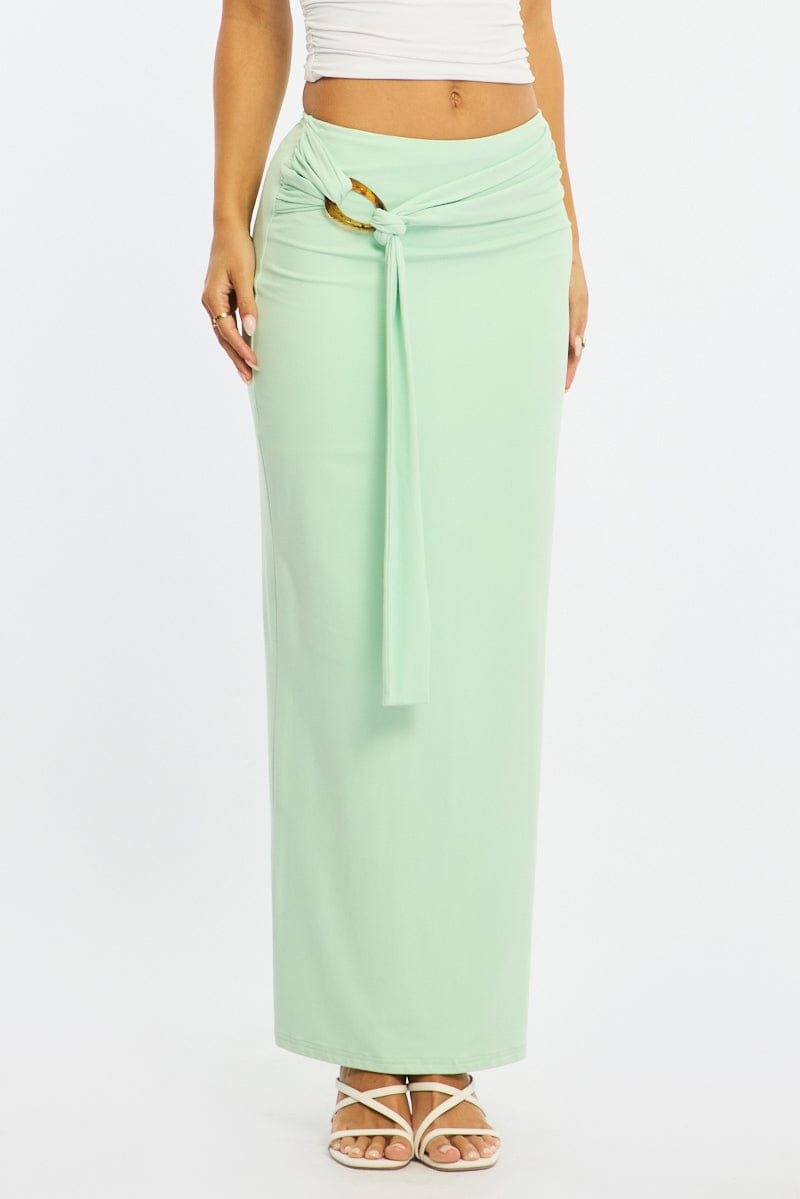 Green Hardware Maxi Skirt Mid Rise Side Split Lined for Ally Fashion
