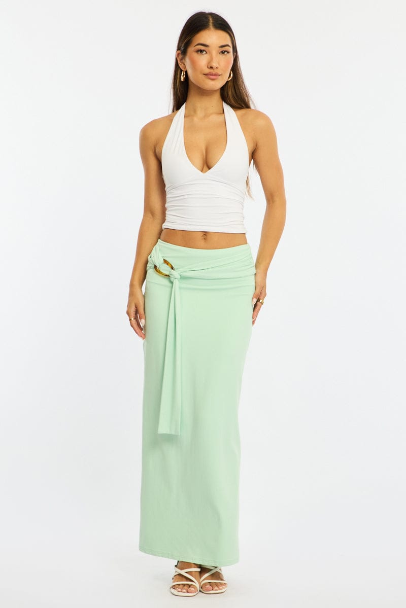 Green Hardware Maxi Skirt Mid Rise Side Split Lined for Ally Fashion