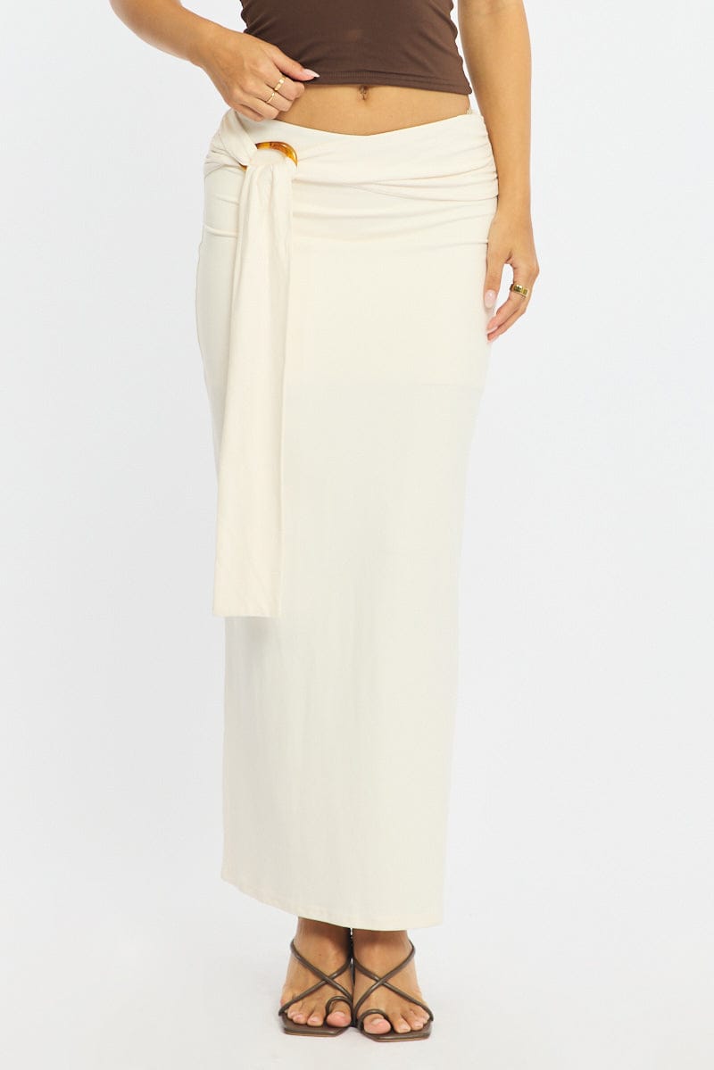 White Hardware Maxi Skirt Mid Rise Side Split Lined for Ally Fashion