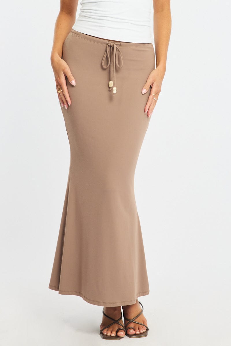 Brown Maxi Skirt Elasticated Waist Beaded Details for Ally Fashion