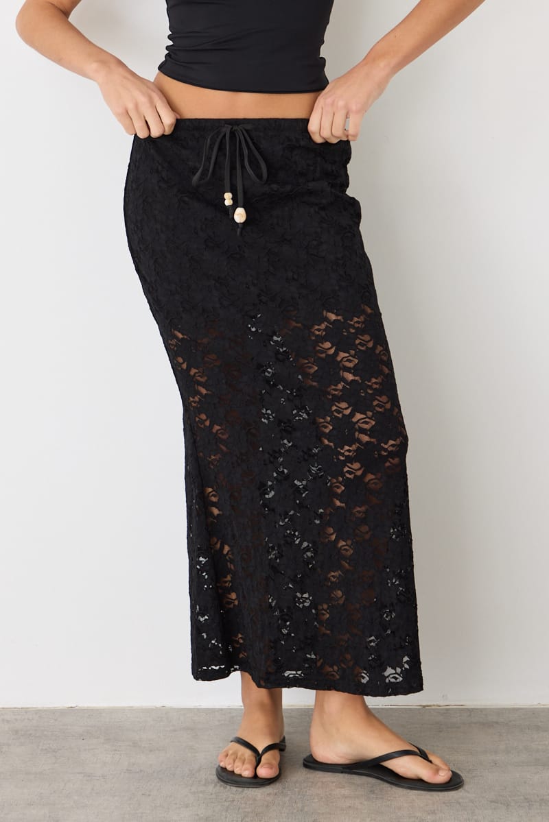 Black Lace Maxi Skirt Elasticated Waist Fit & Flare for Ally Fashion