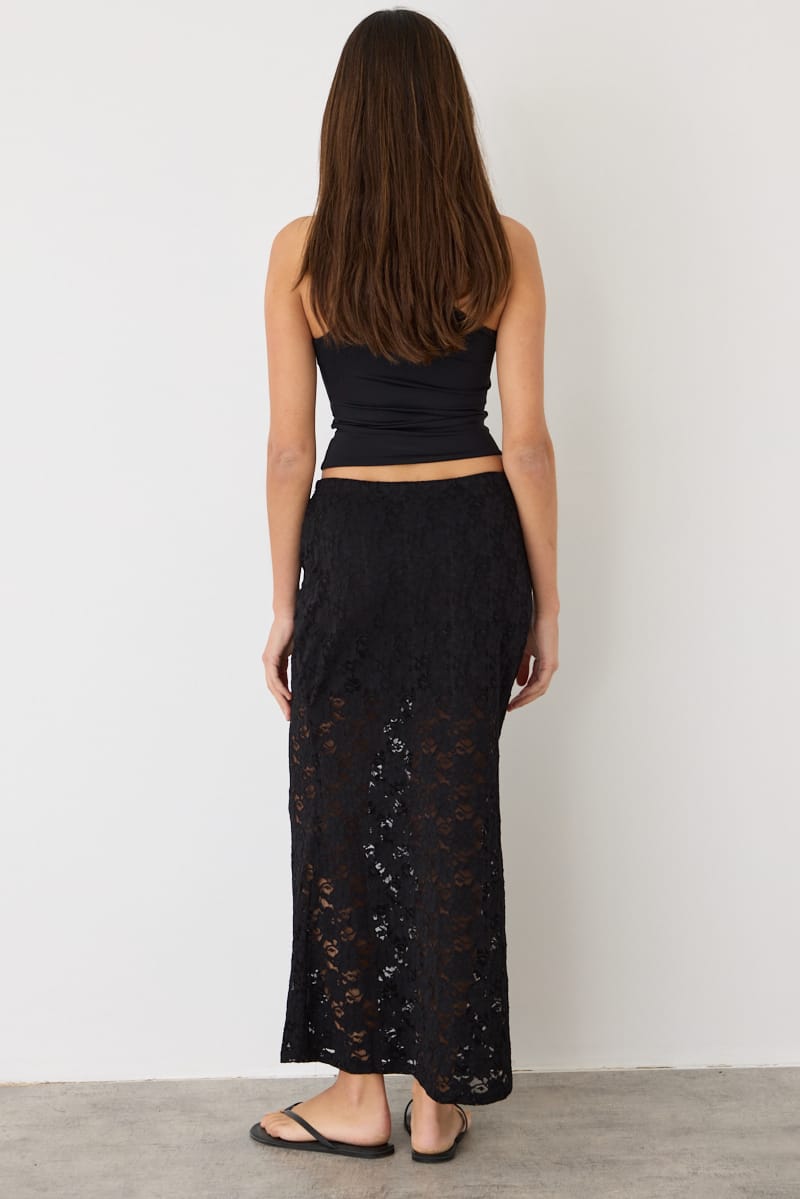 Black Lace Maxi Skirt Elasticated Waist Fit & Flare for Ally Fashion