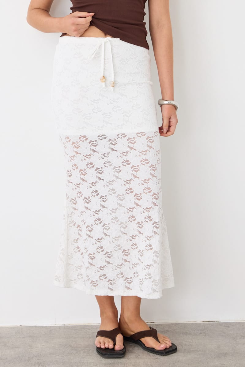 White Lace Maxi Skirt Elasticated Waist Fit & Flare for Ally Fashion