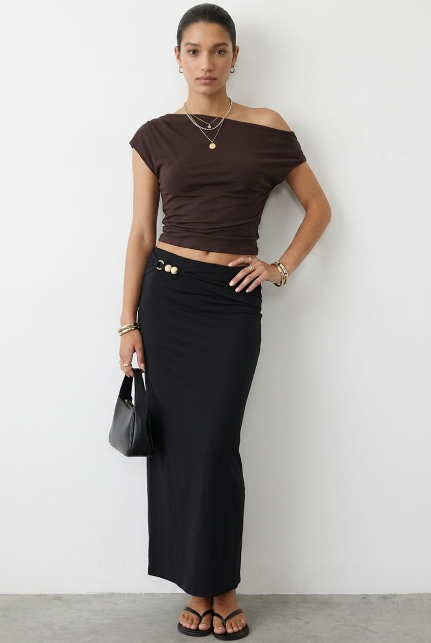 Black Beaded Maxi Skirt Elastic-Waist Winter-Jersey from Ally Fashion