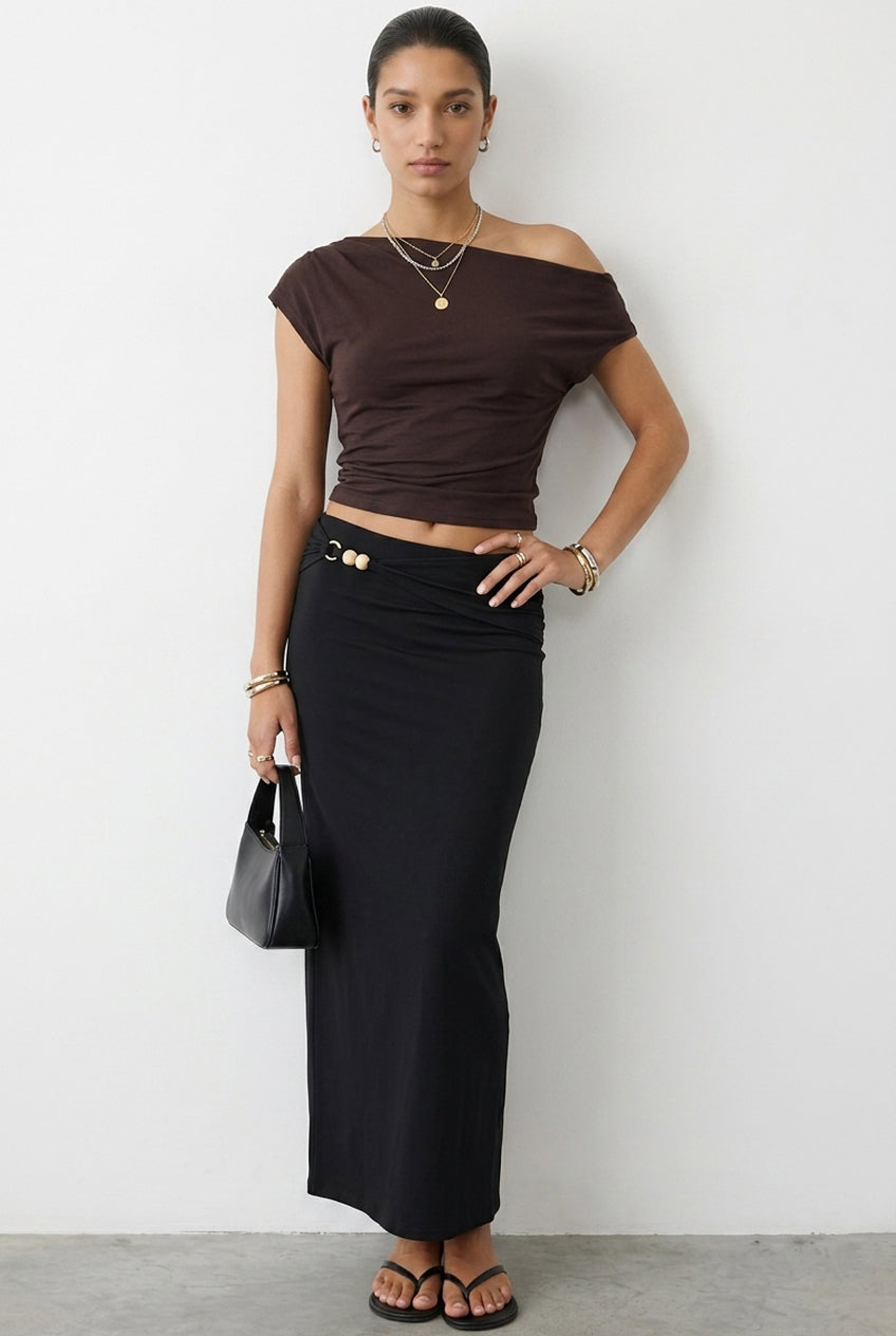Black Beaded Maxi Skirt Elastic-Waist Winter-Jersey from Ally Fashion
