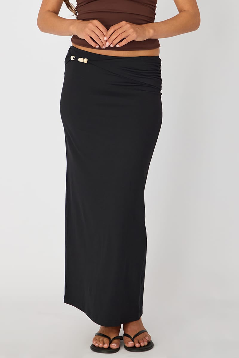 Black Beaded Maxi Skirt Elastic Waist Winter Jersey for Ally Fashion