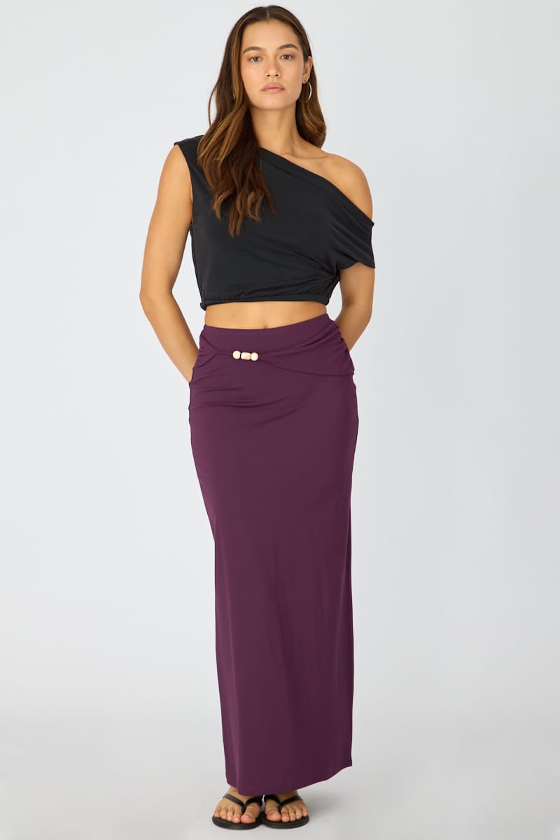 Purple Beaded Maxi Skirt Elastic Waist Winter Jersey for Ally Fashion