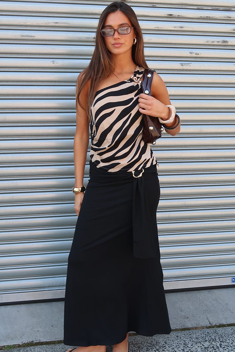 Black A-line Maxi Skirt Elastic Waist Buckle Tie Detail for Ally Fashion