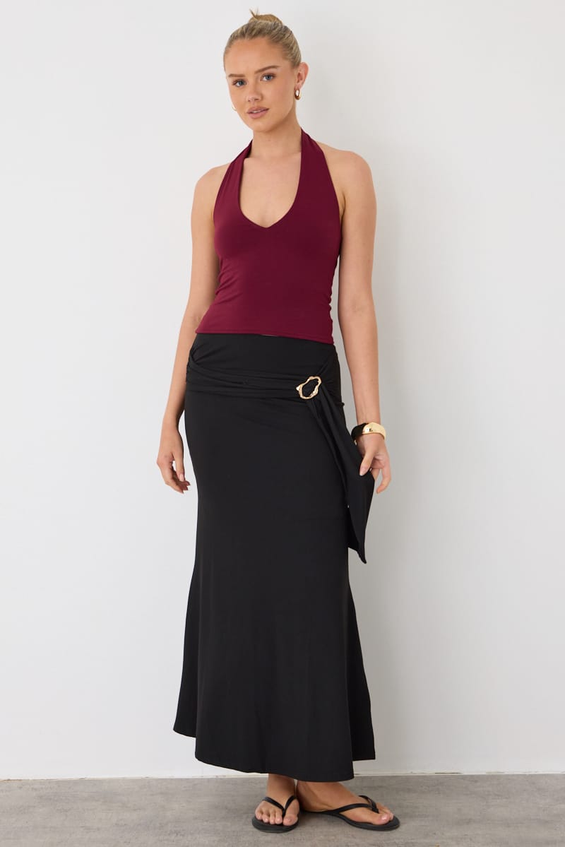 Black A-line Maxi Skirt Elastic Waist Buckle Tie Detail for Ally Fashion