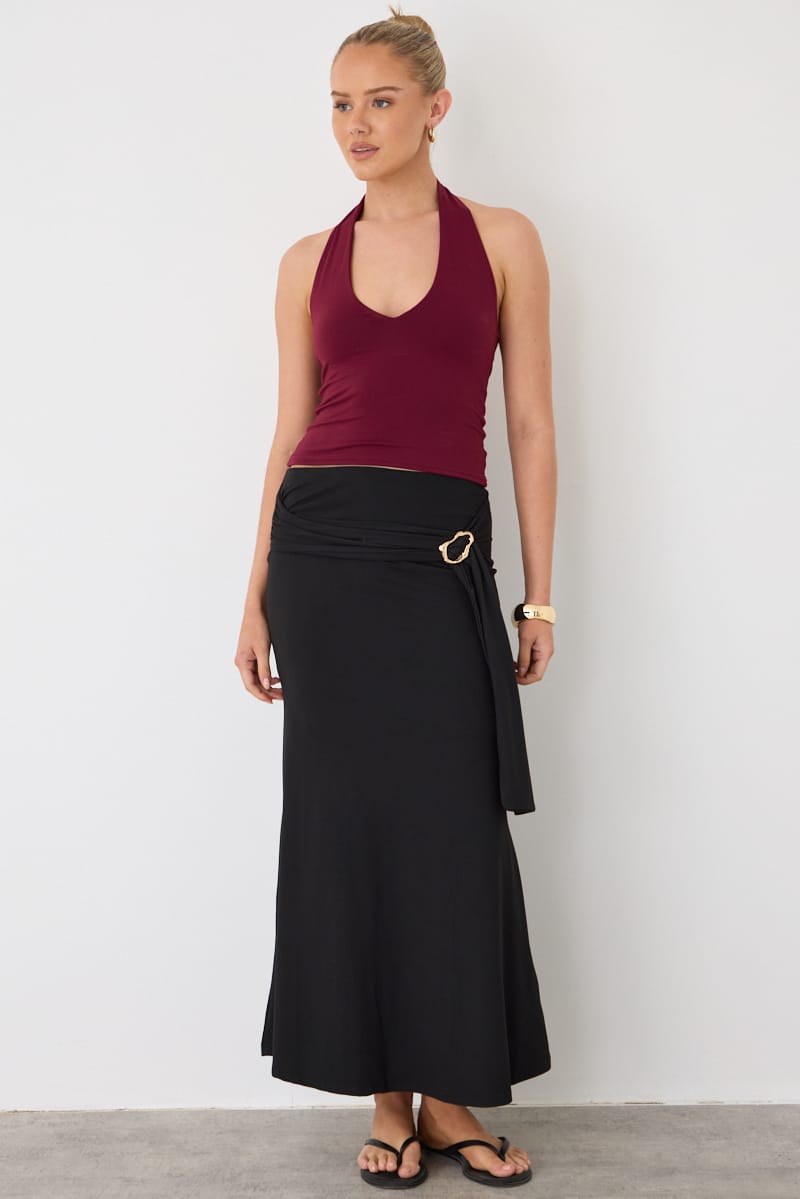 Black A-line Maxi Skirt Elastic Waist Buckle Tie Detail for Ally Fashion