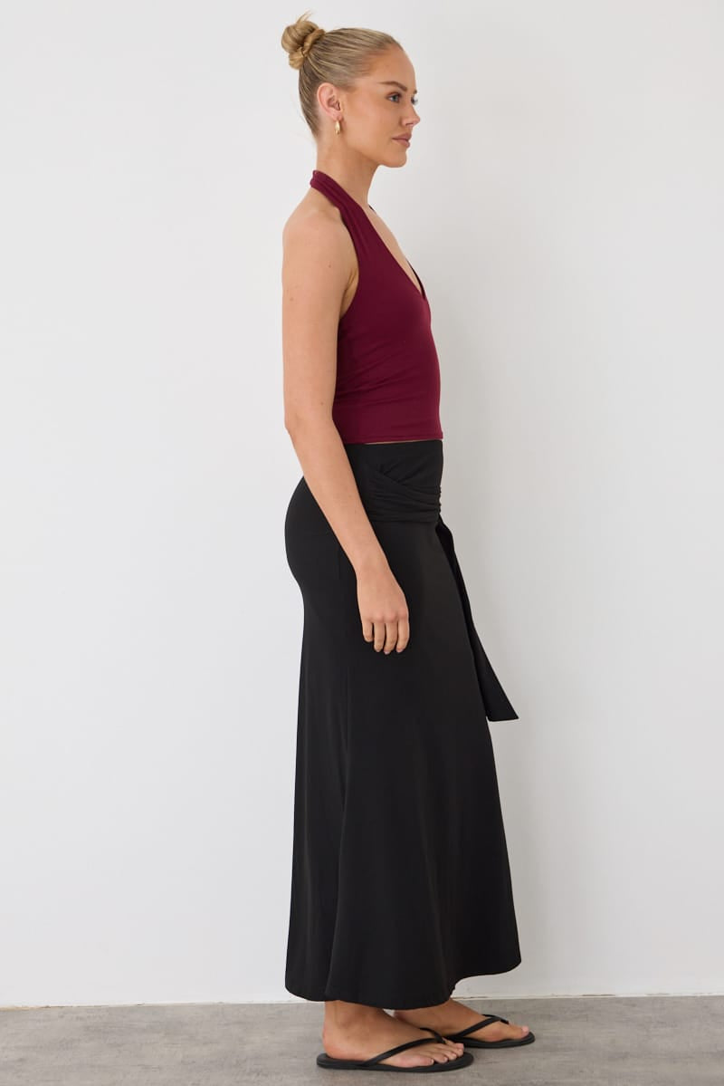 Black A-line Maxi Skirt Elastic Waist Buckle Tie Detail for Ally Fashion