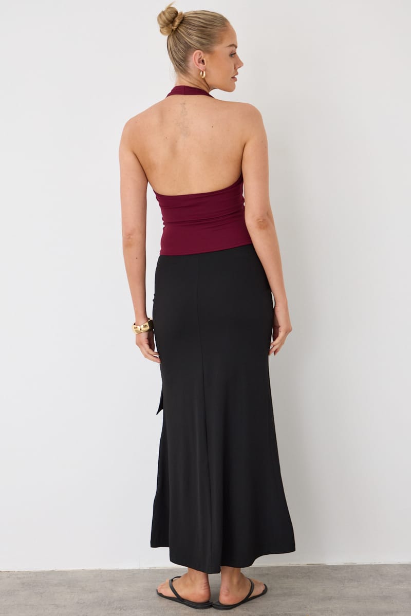 Black A-line Maxi Skirt Elastic Waist Buckle Tie Detail for Ally Fashion