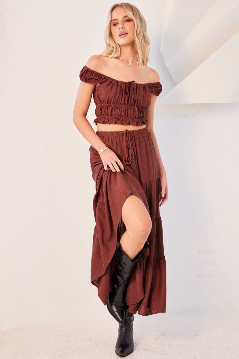 Brown Maxi Skirt Tiered for Ally Fashion